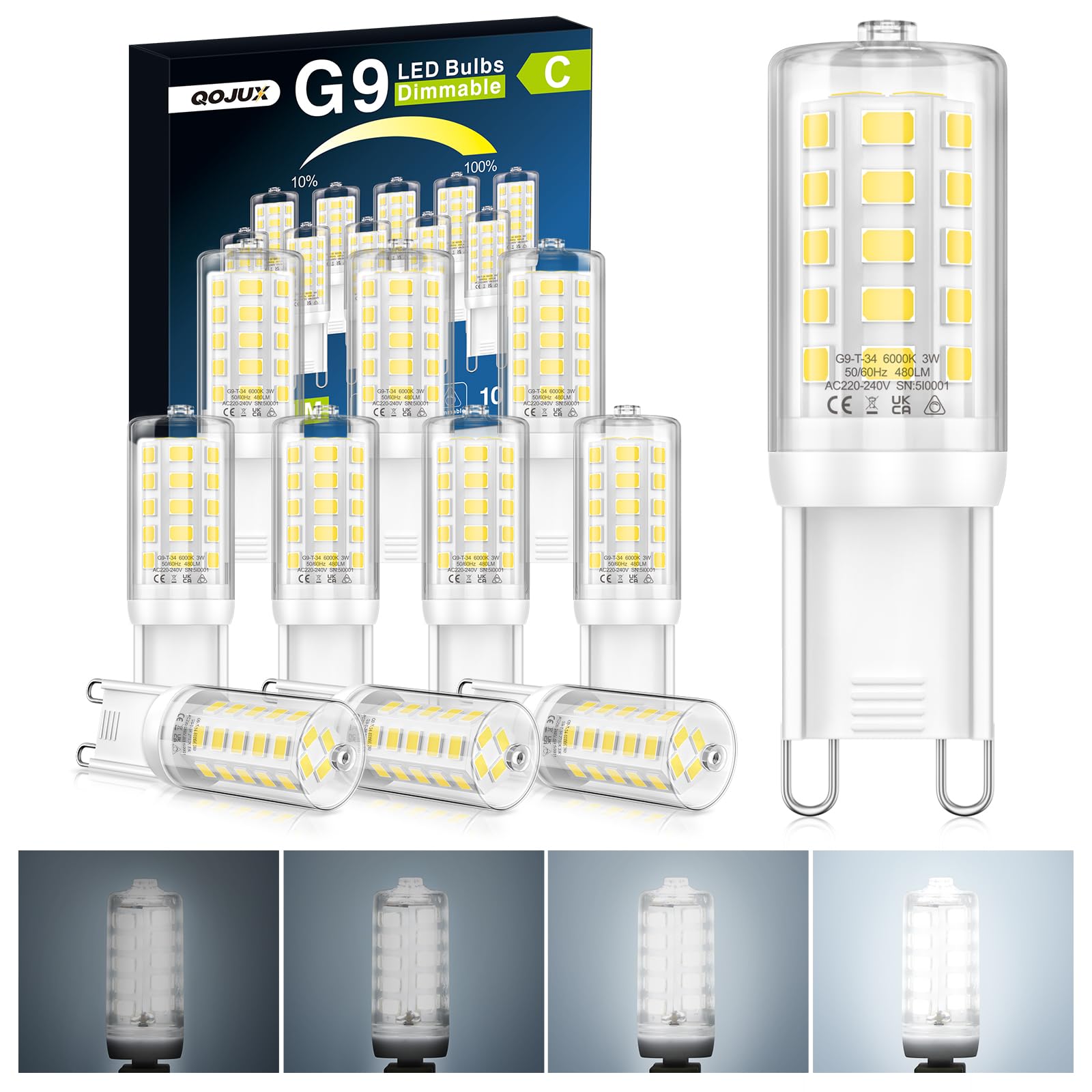 QOJUX G9 LED Kaltweiss Dimmbar, 3W 480LM Energieeffizienzklasse C LED Leuchtmittel Ersatz für 40W 50W Halogenlampe, 6000K G9 Glühbirne Kein Flackern, AC 220-240V, Enegiesparende Kleine Lampe 10 Stück