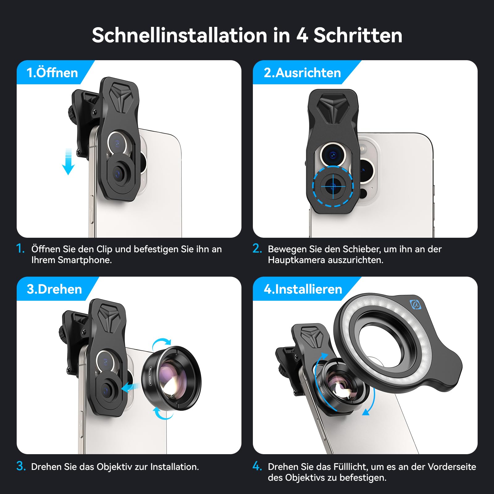APEXEL HB100-HD Handy Makroobjektiv, F1.8 mit 45 Fülllichtmodi, 10x Handyobjektiv mit Telefonclip, kompatibel mit iPhone 17/16/15, Samsung, Google Pixel und Anderen Smartphones