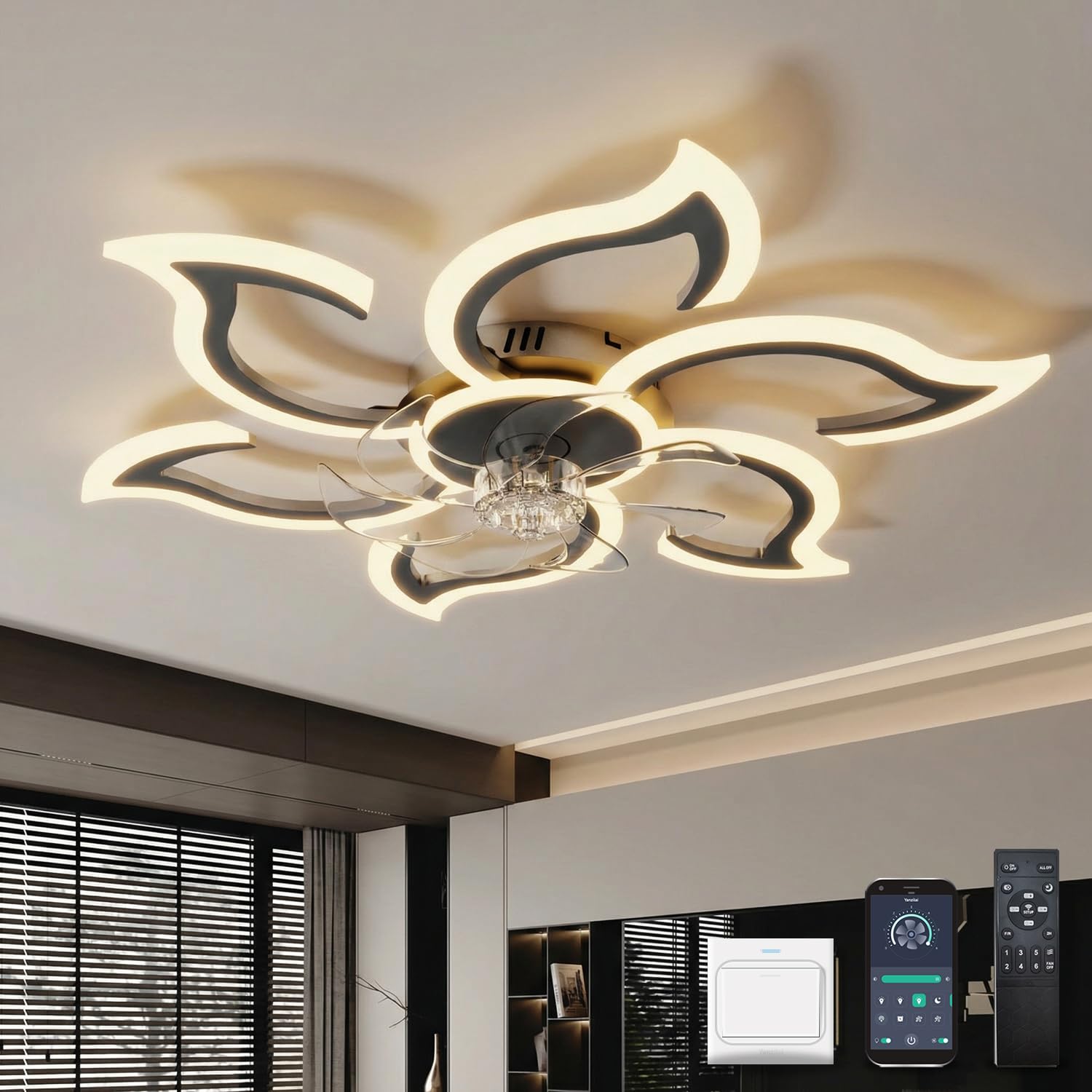 YOLEDY Plafondlamp met ventilator, stil, met afstandsbediening, 88 cm, slaapkamerlamp met ventilator, bloemenvormig design, led-plafondventilator met