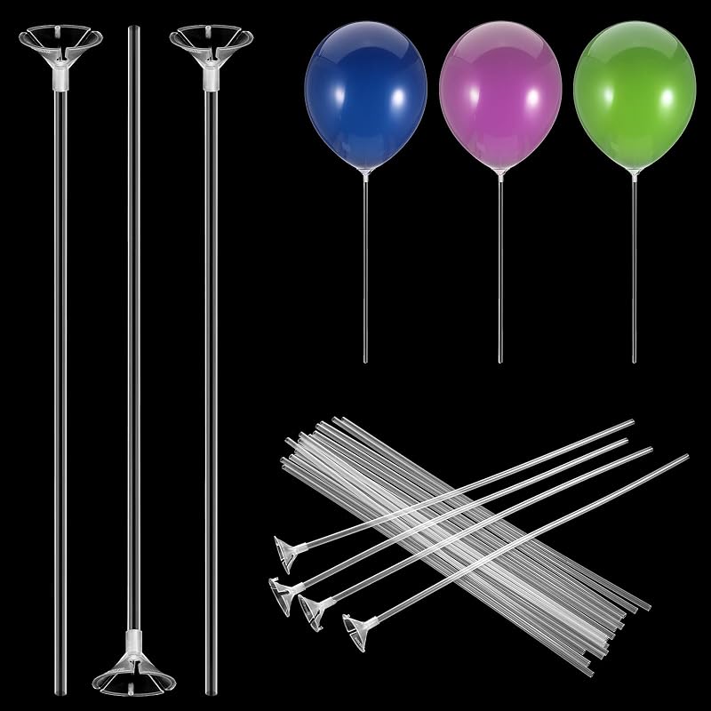 20 Pcs Clear Balloon Sticks, Plastic Long Balloon Holder Sticks with Bases for Tying Balloons Arch Anniversary, Birthday, Parties, Graduation, Wedding Decorations