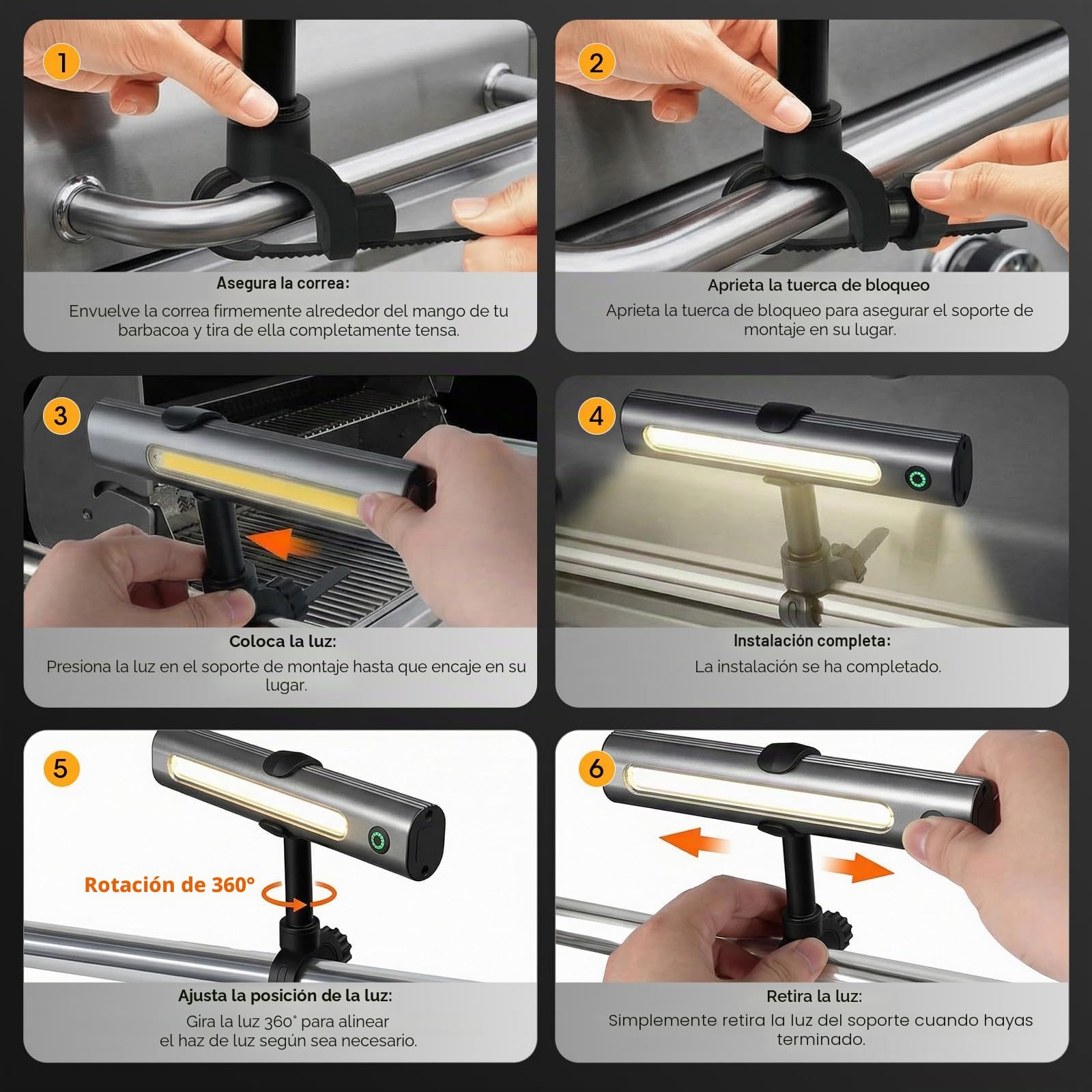 MQFORU Luz de parrilla LED 300 lúmenes, recargable por USB-C 2000mAh, lámpara de parrilla giratoria 360° con soporte, lámpara de parrilla magnética, iluminación de parrilla de acero inoxidable para