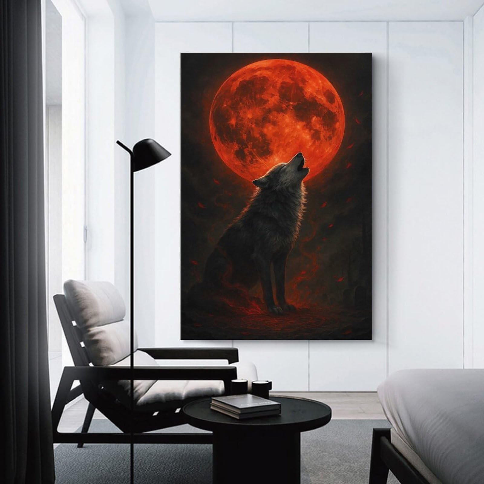 Junmoney Unframe-Style-11 Canvas Wall Picture Wolf Howling At Blood Moon, 20X30inch(50X75cm), For Bedroom, Lounge Or Dressing Area, Stylish Decor For A Restful Room Update