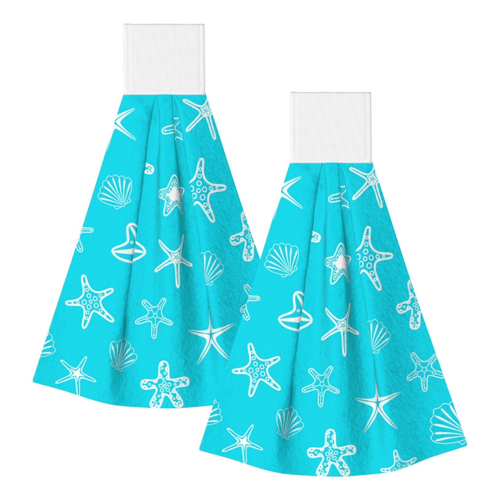DOPKLNA Seashells Starfishes Blue, 2 Pcs Hanging Coral Fiber Hand Towels for Bathroom, Absorbent Kitchen Towels