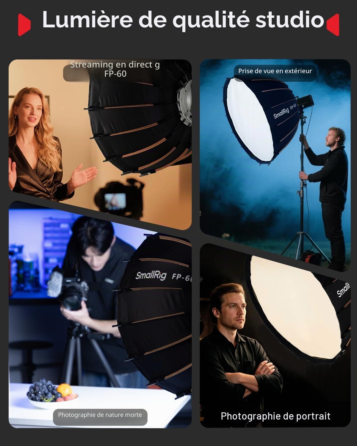 SMALLRIG Softbox Parabolique FP-60 23,6" avec Monture Bowens, Dégagement Rapide avec Grille en Nid d'abeille et Diffuseurs, pour SMALLRIG, pour Neewer, pour Godox, pour Aputure - 5396