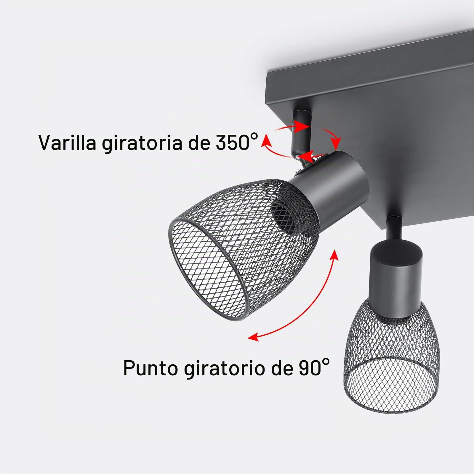Focos Para el Techo E14, Lámpara de Techo de 3 Focos Giratorios Negro, Foco de Pared Cuadrado Iluminación LED con Pantallas de Malla Metálica para Dormitorio Cocina Pasillo (Sin bombillas E14)