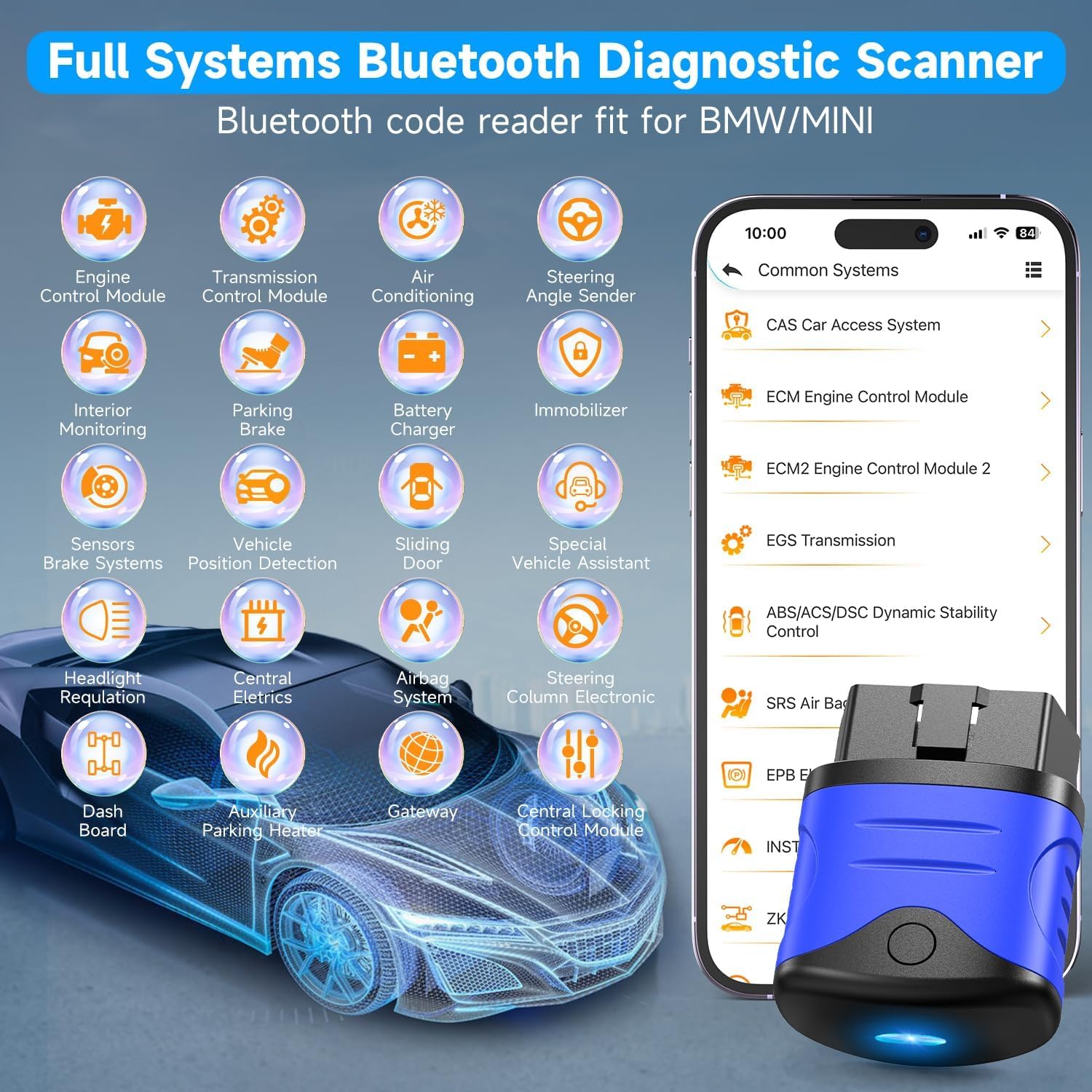 AUTOPHIX OBD2 Bluetooth Adapter, Auto Diagnosegerät Check Motor ABS SRS Getriebe Drahtlose Auto Auslesegerät Fehlercode Lesegerät mit Batterie Test Exklusive APP für iPhone und Android (Blau)