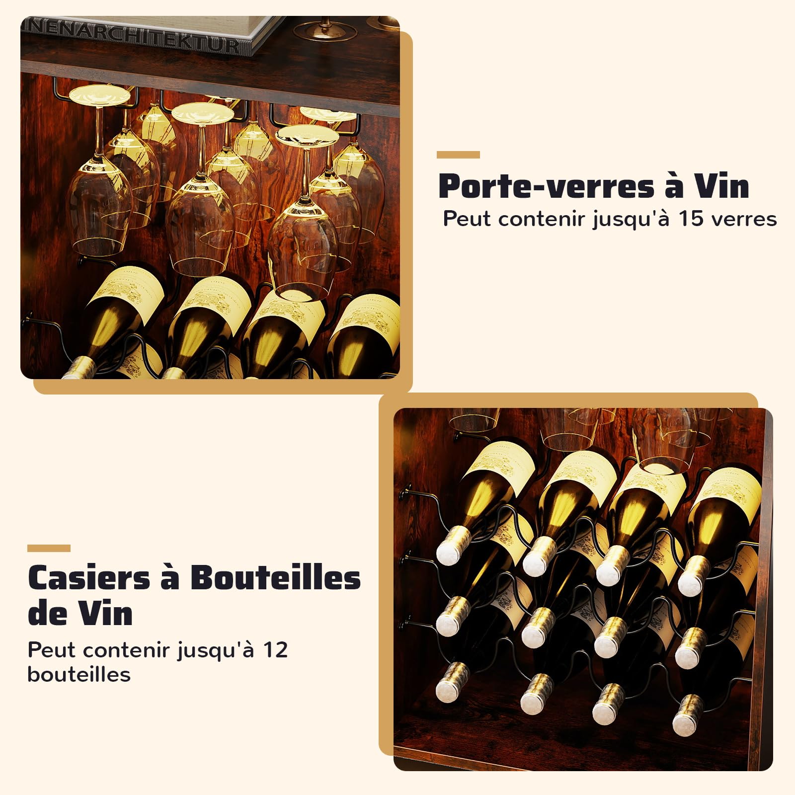 COSTWAY Meuble Bar à Vin avec Lumière LED, Buffet de Cuisine pour 42 Bouteilles, Placard avec Étagères Réglables, Supports à Verres, Industrielle, Chariot sur roulettes pour Salle à Manger, Salon