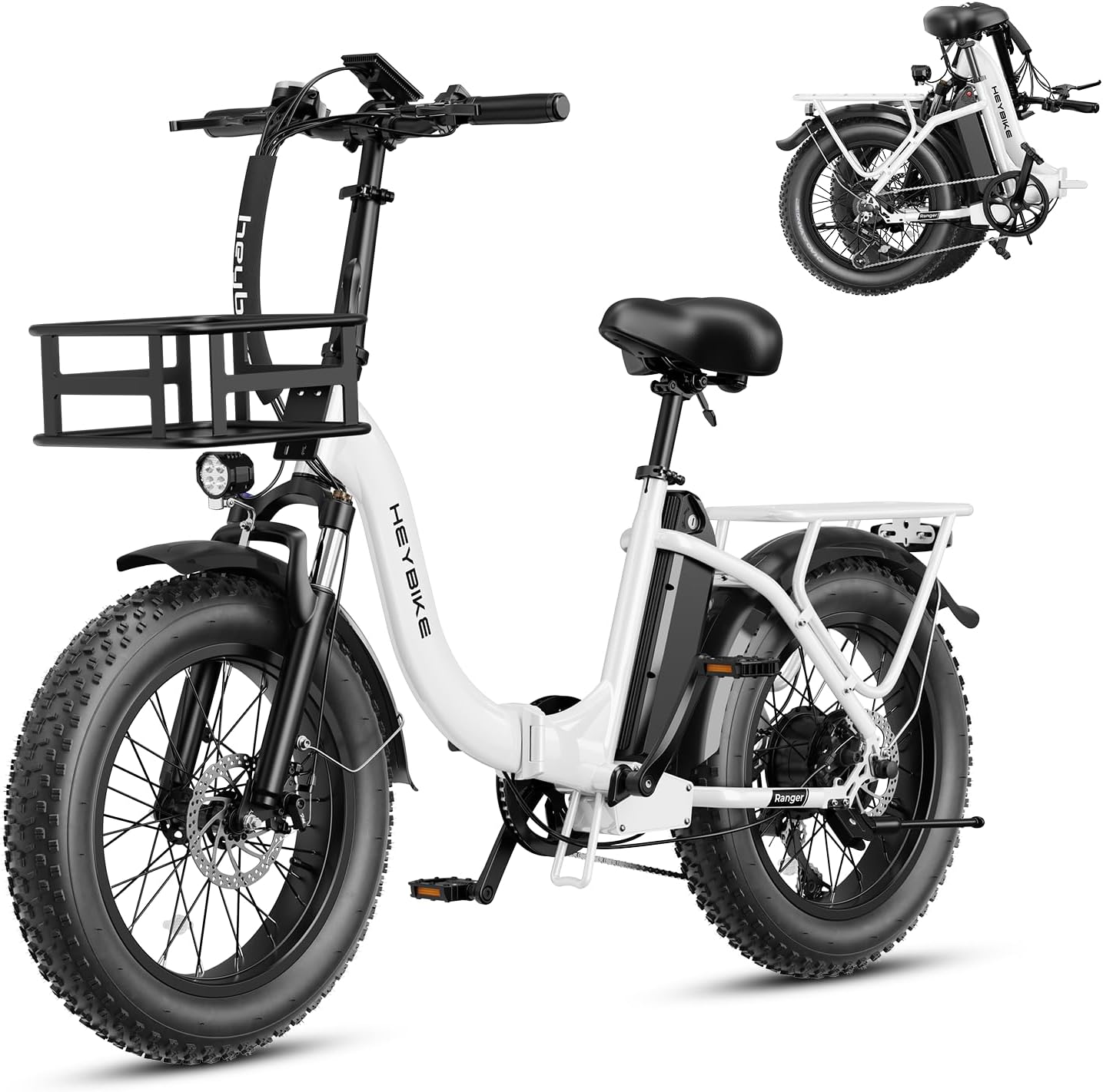 Heybike Ranger 2.0 Foldable Electric Bike for Adults, 20"×4 Fat Tire Ebike with 1400W Peak Motor, 28 MPH Max Speed, 600Wh Removable Battery, Up to 65 Miles Range, Front Suspension Step-Thru E Bike
