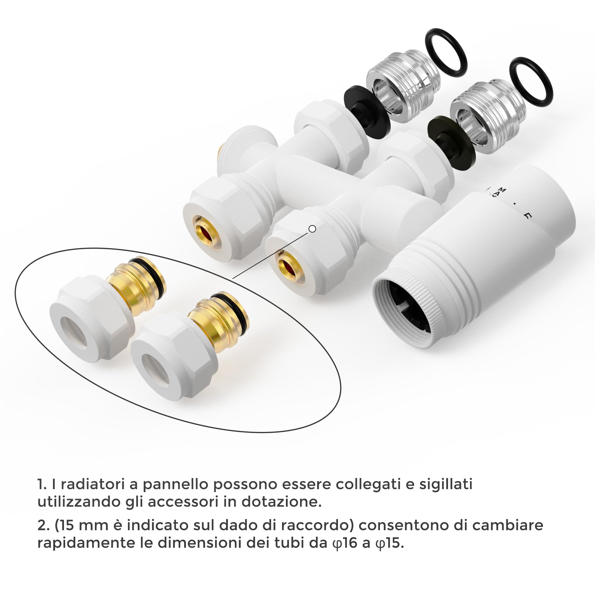 VANCOCO 2 pezzi multiblocco con termostato per radiatori 50 mm distanza mozzo, blocco rubinetto, rubinetti valvola a forma di passaggio con cono europeo per tubi in plastica Ø 16 × 2 mm e diametro 15