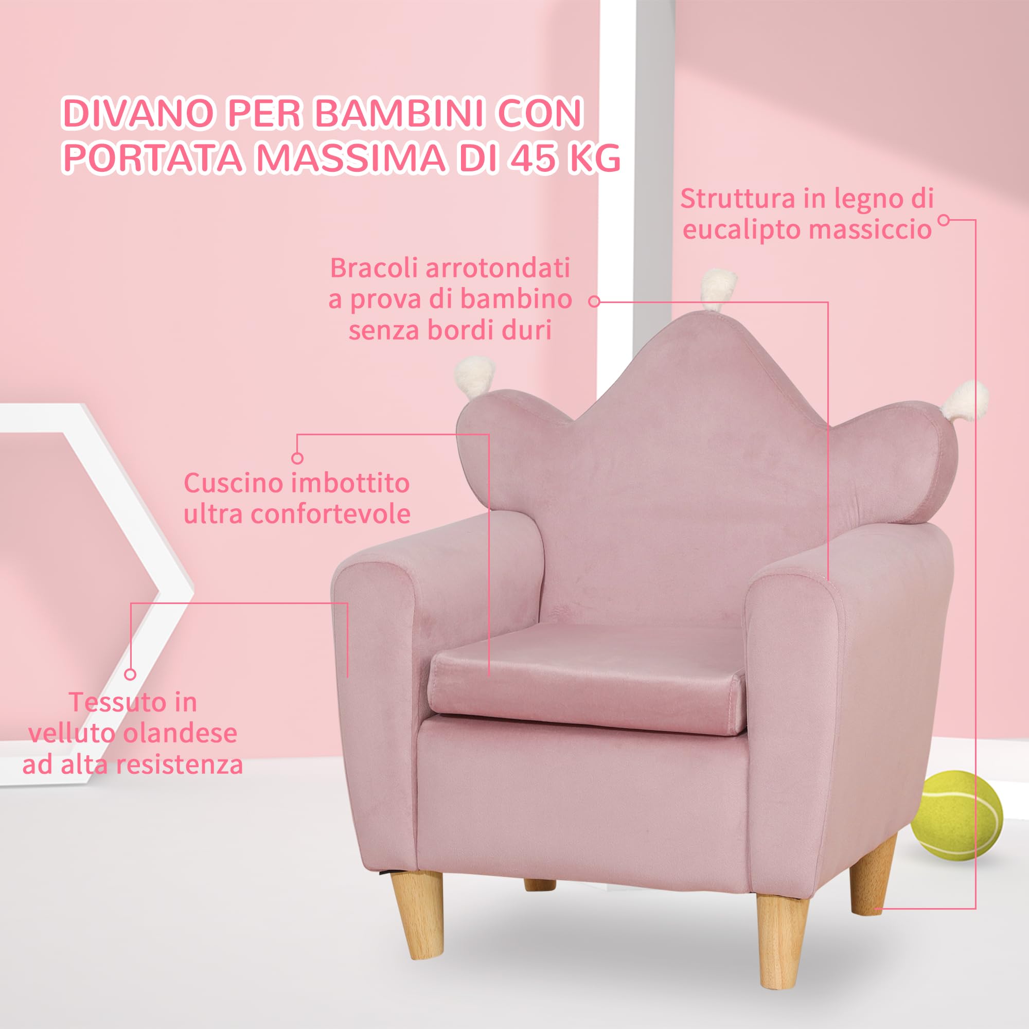 HOMCOM Poltrona per Bambini con Schienale a Corona e Imbottitura Spessa, Poltroncina per Bambini in Tessuto Effetto Velluto e Legno, 50.2x41.9x57.8 cm, Rosa
