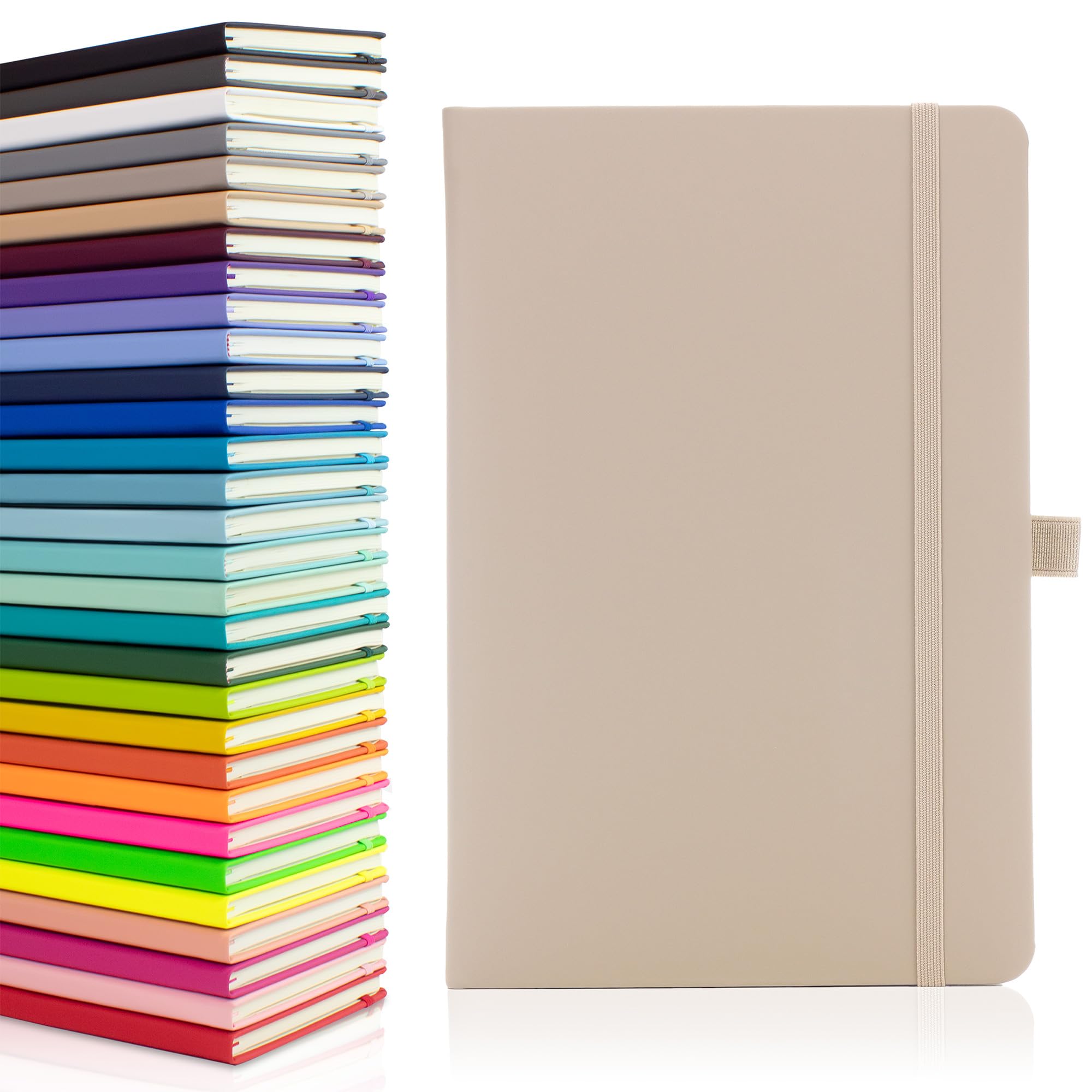 Eco A5 Notebook with Lined Pages, Pen Loop, Ribbon, Date Marks and Paper Pocket, Medium Hardback Journal, Note, sustainably sourced paper (Pastel Mushroom)