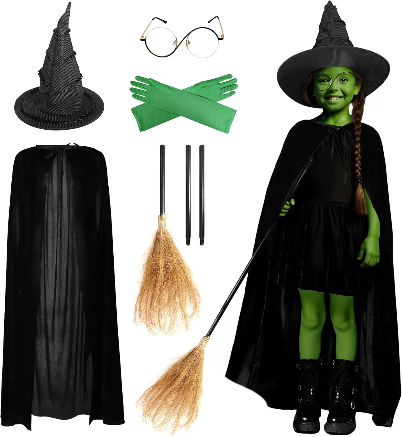 UQJE 6 Pcs Girls Witch Costume Wicked Green Witch Movie Cosplay Halloween Witches Hat, Cape, Glasses, Gloves, Broom for Kids