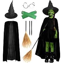 6 Pcs Girls Witch Costume Wicked Green Witch Movie Cosplay Halloween Witches Hat, Cape, Glasses, Gloves, Broom for Kids