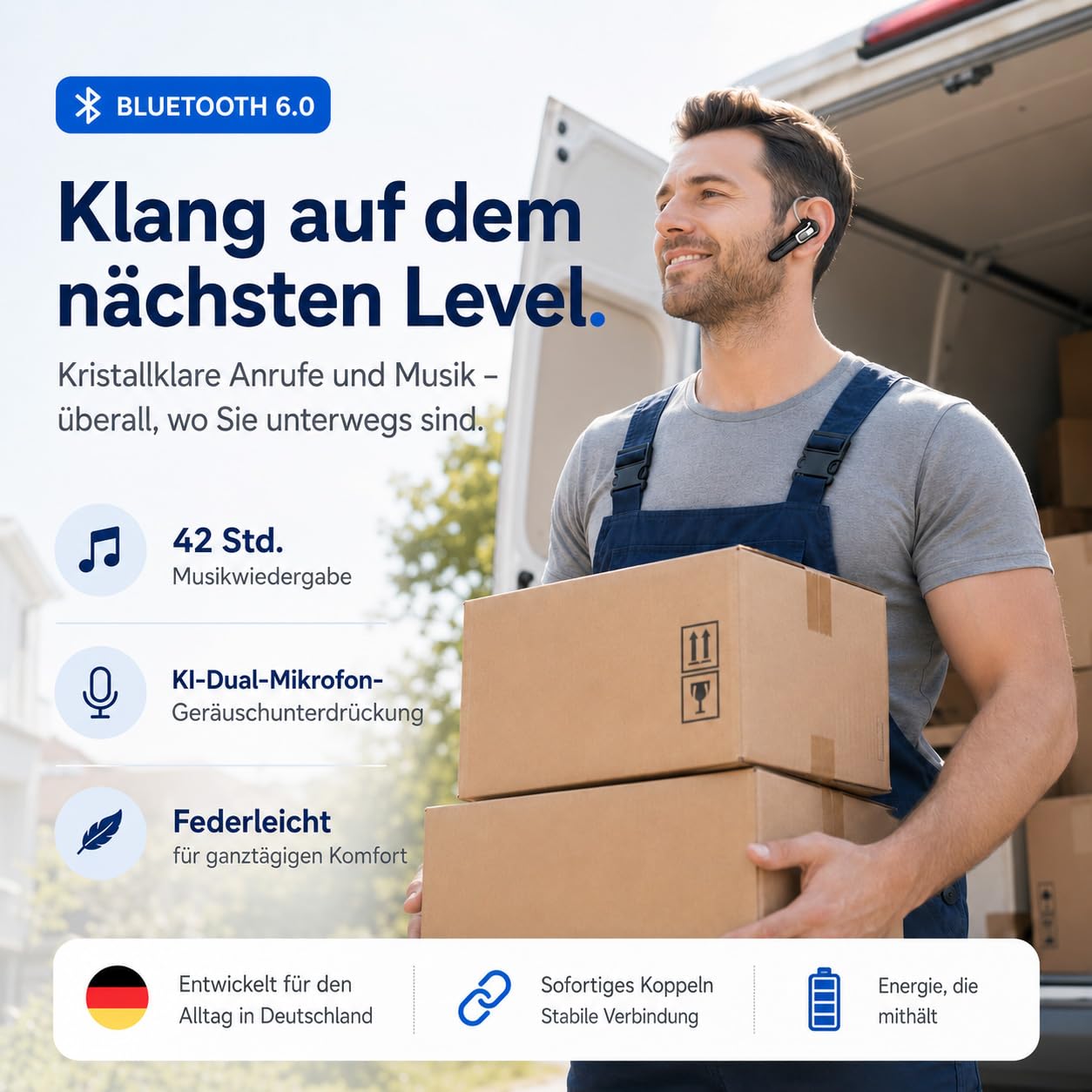 Micool Cuffie Bluetooth V6.0 con cancellazione del rumore AI & 38 ore di conversazione – Auricolari singoli, doppio accoppiamento, auricolare Bluetooth leggero per guida/ufficio/magazzino (nero/oro)