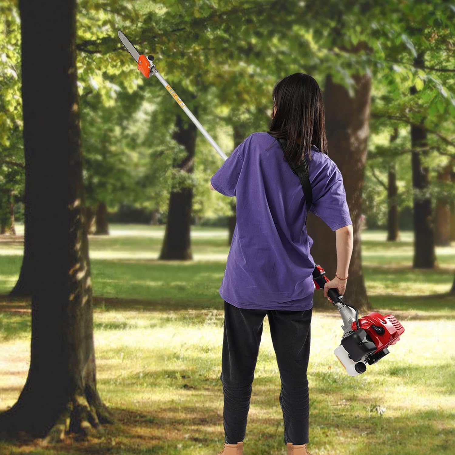 Person using the GrfceVue gas pole saw to trim a tree branch