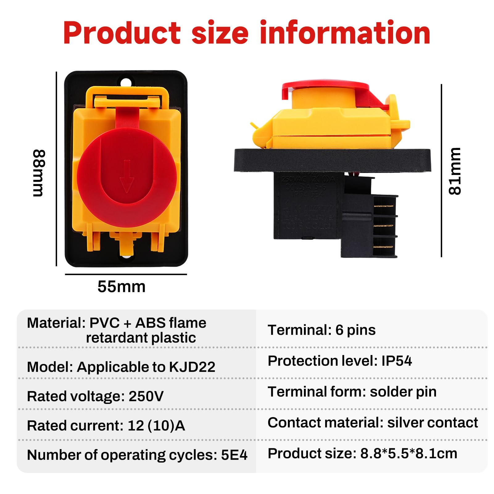 Przełącznik maszynowy KJD22-6 PIN 250 V, 12 A, przełącznik przyciskowy, przełącznik elektromagnetyczny, klasa wodoszczelności IP54, przełącznik do zabudowy, wyłącznik zerowego napięcia