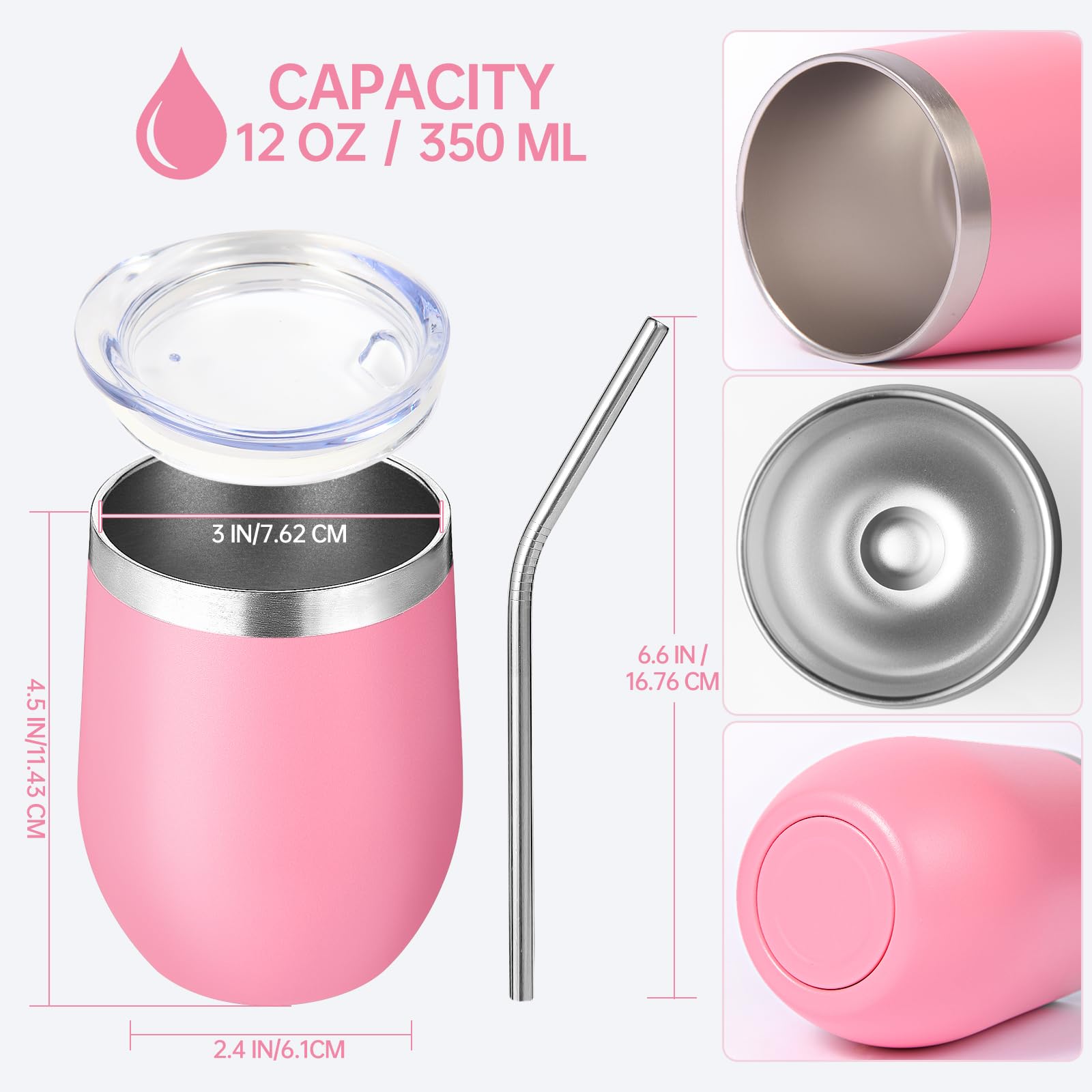Volhoply 12oz Stainless Steel Wine Tumbler with Lid and Straw,350ml Double Wall Vacuum Insulated Stemless Wine Glasses,Travel Coffee Mug for Cold Drinks,Tumblers Gifts for Women Men(Pink,1 Set) - Image 2