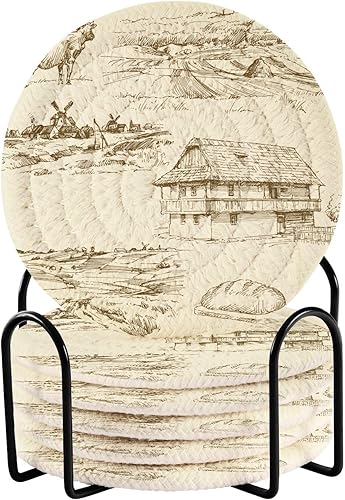 Drink Coasters and Holder Set of 6 Coasters for Dining Table Table Cup Coasters Porta Vasos para Mesas Farm Rural Landscape
