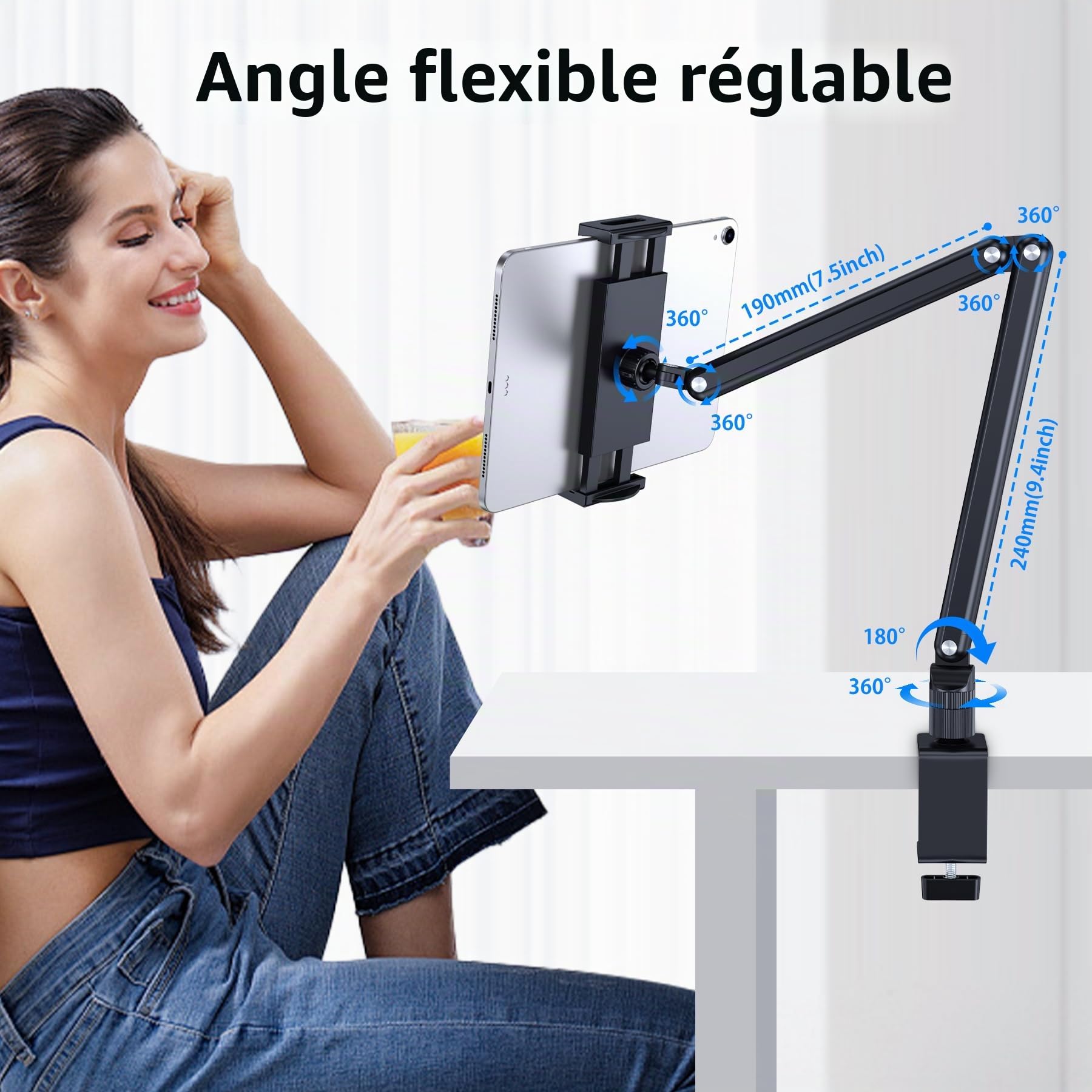 Support de tablette en aluminium avec base métal rotative 360° convient pour iPad Air Pro Mini, téléphones, Samsung Galaxy, Kindle, tous les appareils