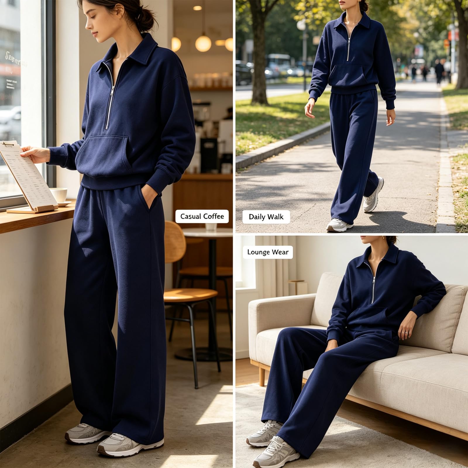 Donna Tuta Sportiva Collo V Half-Zip Pantaloni Larga