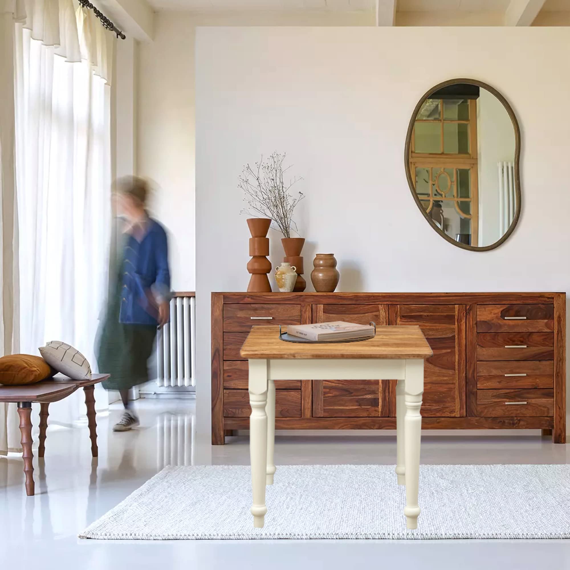 Biscottini Table Non Extensible champêtre en Bois Massif de Tilleul avec Structure Antique Blanche et Plateau en Finition Naturelle L80xPR80xH78 cm