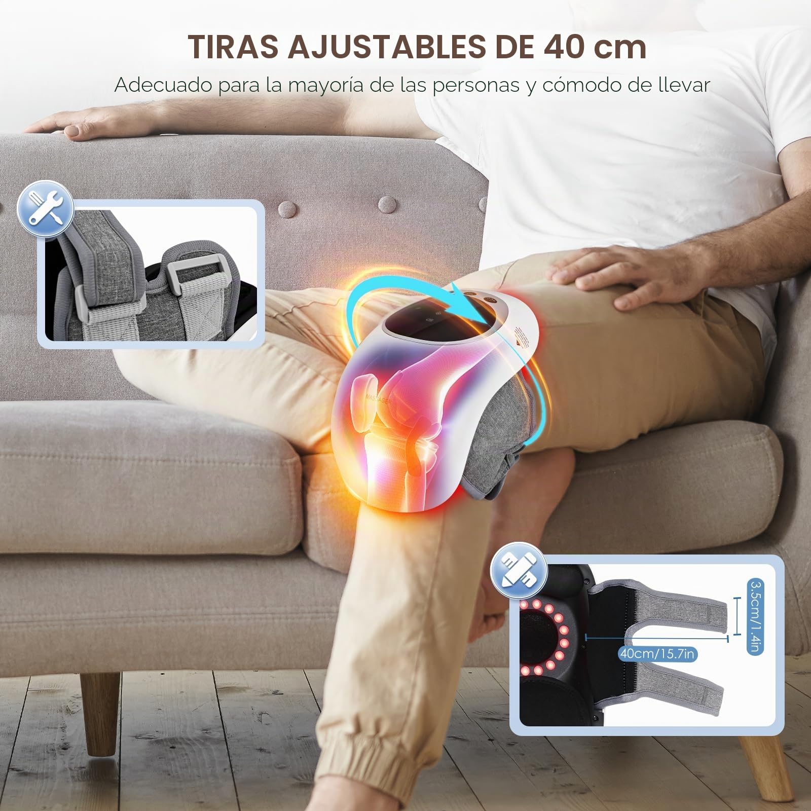 Masajeador de Rodillas Inalámbrico con Calor Rojo, Banda Ajustable 40 cm, USB Tipo-C