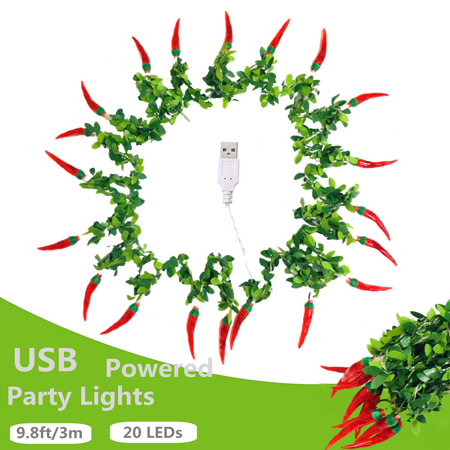 Riaxuebiy Chili String Lights 3m 20LED Red Chili Pepper Lights USB Powered Chili Decor Night Light for Party Garden Christmas Thanksgiving Day Decoration (Red Chili+Leaf Vine) - Image 4