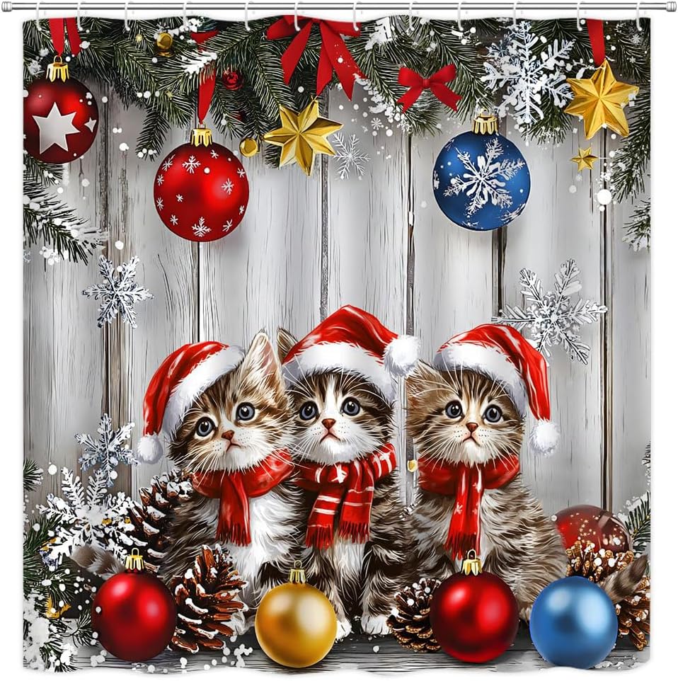 Winter Christmas Cat Shower Curtain Colorful Xmas Ball Pine Branches Snowflake Rustic Farmhouse Holiday Bathroom Polyester Fabric Curtains with Hooks 118Wx70H Inch