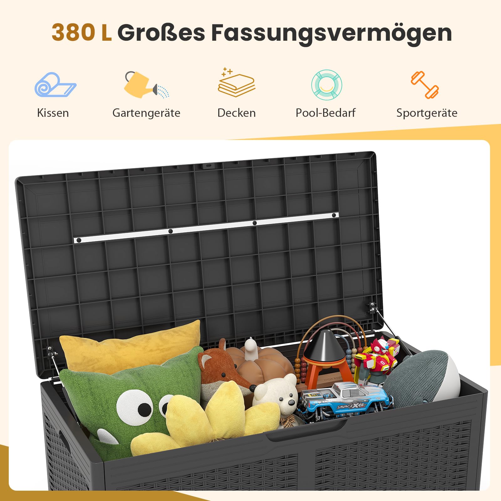GOPLUS 380 L Gartenbox, Auflagenbox wasserdicht mit Rollen, Aufbewahrungsbox Garten mit Deckel, Kissenbox Outdoor aus Rattanstruktur, Gartentruhe für Balkon, Gartengeräte & Poolzubehör (Grau) Garten