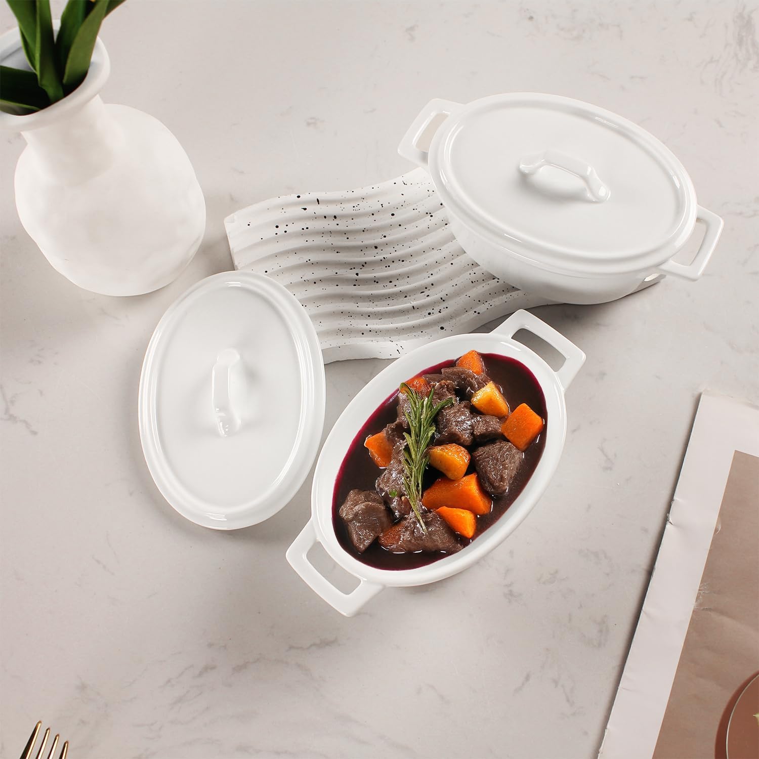 Ceramic Mini Oval Cocotte Set, 7.6 Ounces Small Casserole Dishes with Lids and Handles, Individual Baking Ramekins, Oven, Microwave & Dishwasher Safe (White, 7.5 Inch)