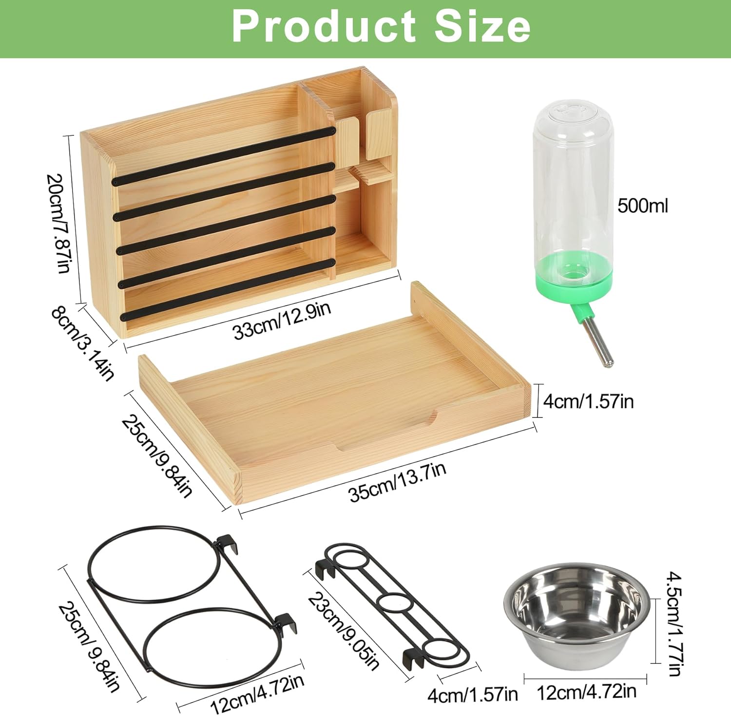 Rabbit Hay Feeder, 4 in 1 Wood Guinea Pig Hay Feeder Bunny Hay Holder with Litter Box 500ml Water Bottle 2 Food Bowl Small Animals Stuff for Cages for Chinchillas Hamster Dwarf Rabbit Ferrets