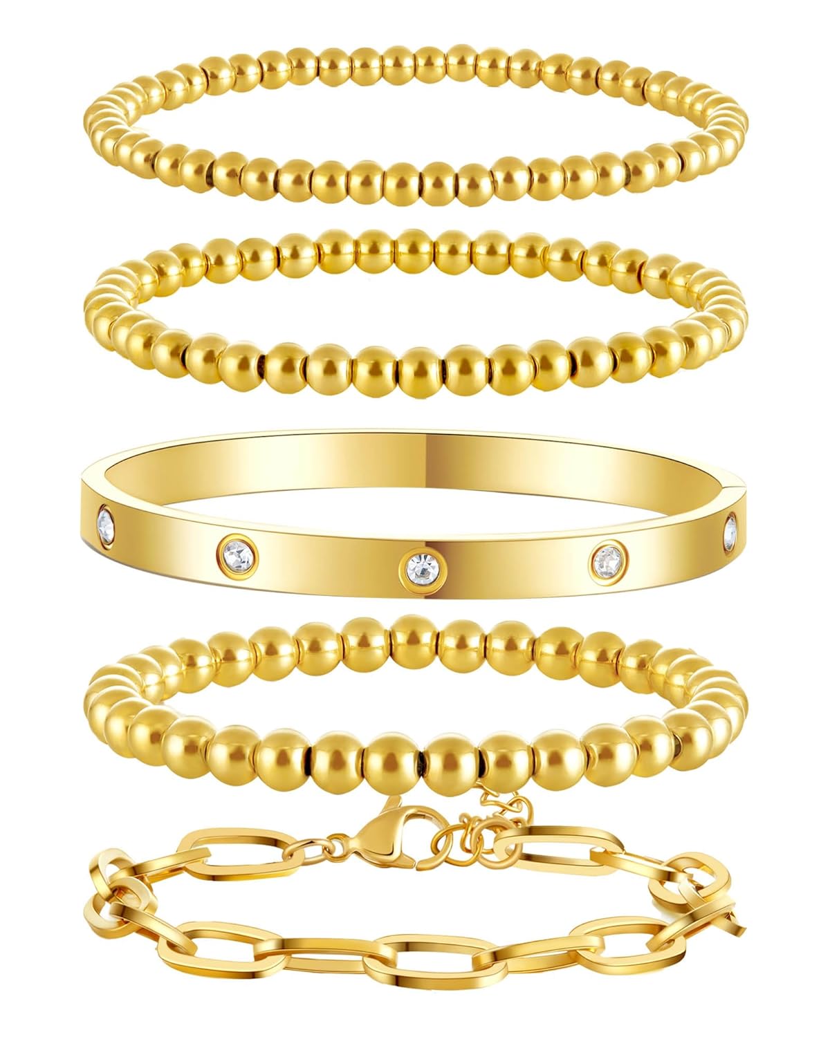 Gold Bangle Bracelets for Women 14K Gold Plated Beaded Bracelets Stretch Bead Ball Chain Layered Bracelet Stack Set