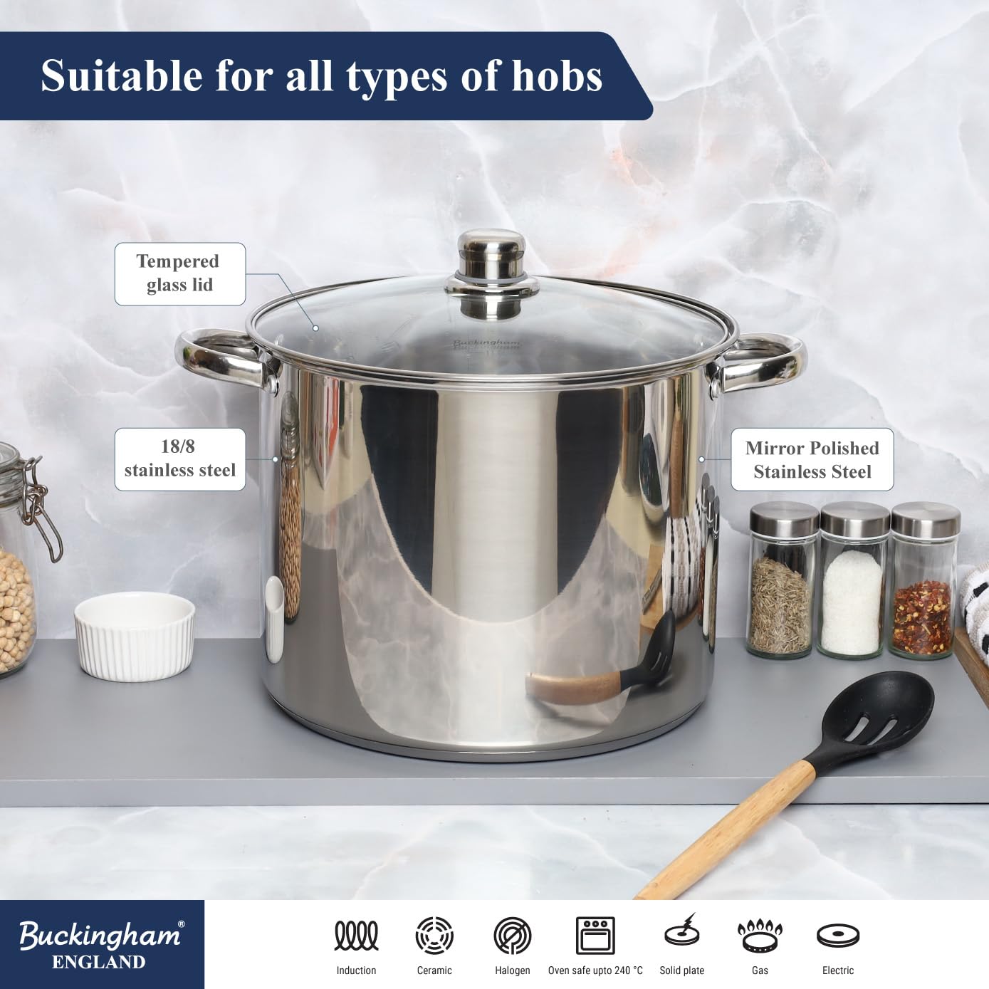 Buckingham – Casseruola Profonda In Acciaio Inox Con Coperchio In Vetro, 28 Cm, 9,5 Litri, Adatta A Induzione, Manico Freddo Al Tatto, Lavabile In Lavastoviglie