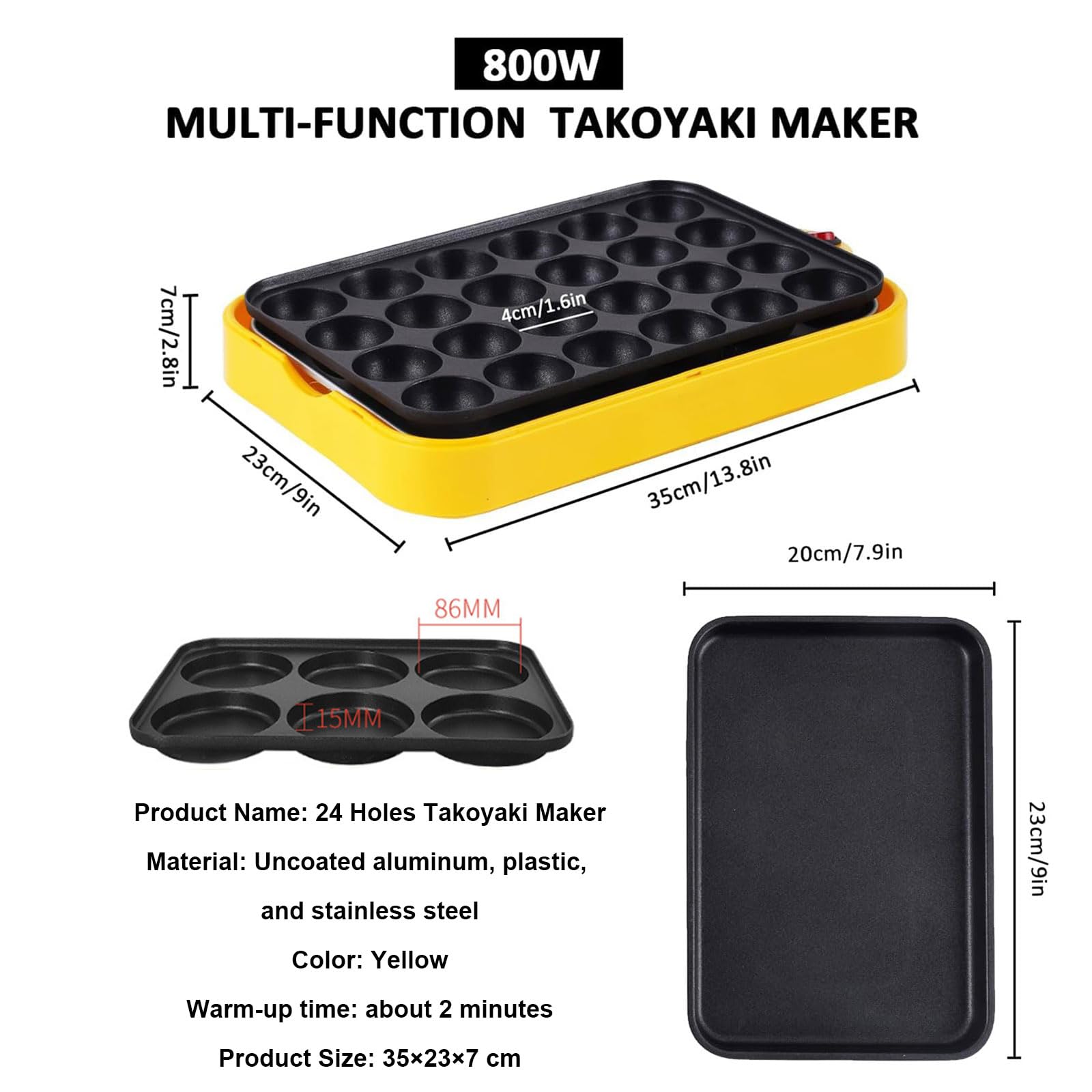 Takoyaki Maker, 24 Trous Poêle Électrique avec 3 Casseroles, Casserole Antiadhésive 800W, Finition en Satin, Contrôle Automatique de la Température, Amovible Et Lavable, pour Sandwich, Œuf, Steak