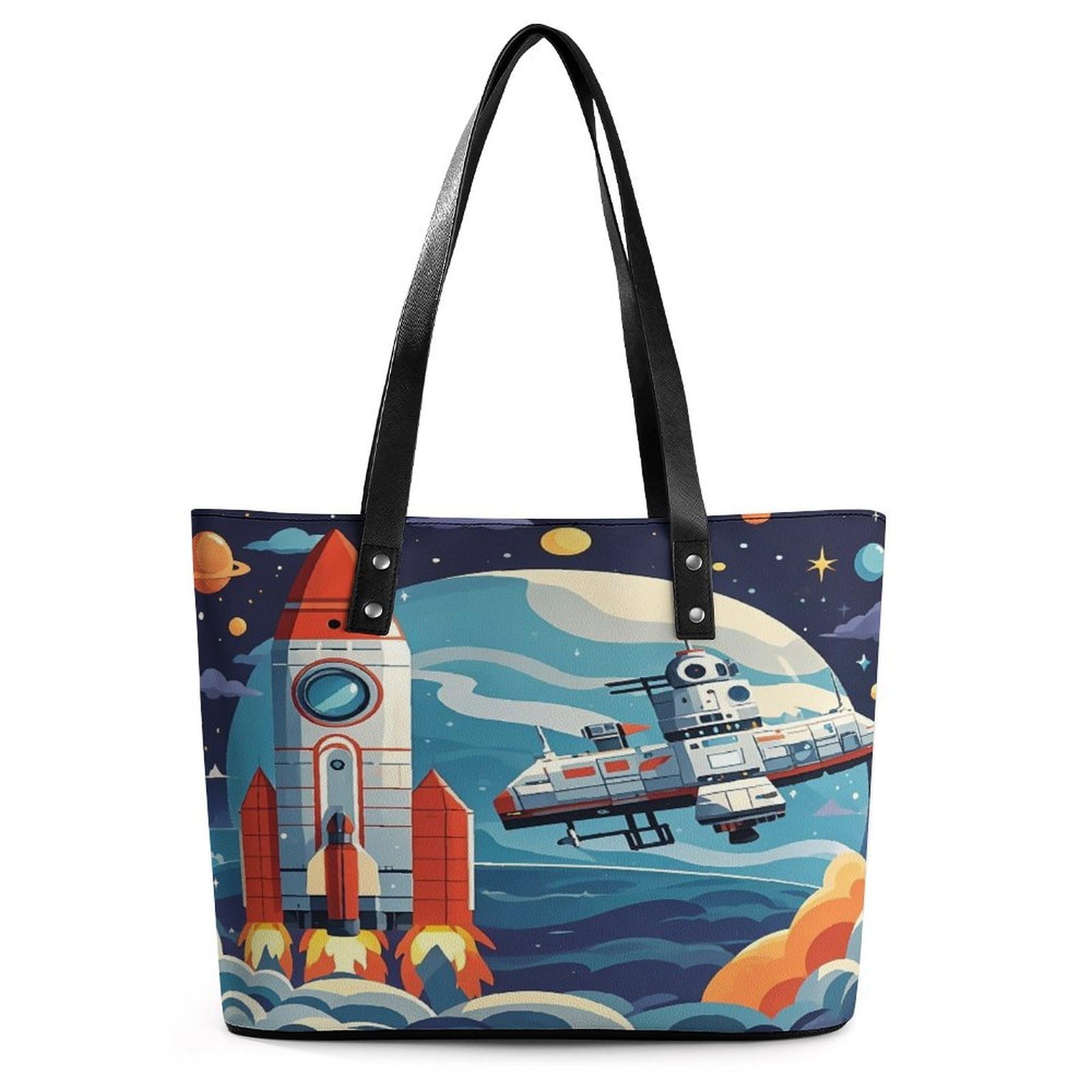 Rocket Clipart Space Ship Handbag for Women Leather Tote Bag Exquisite Satchel Bags Ladies Casual Work Handbag Bucket Purse Fashion Top Handle Bag Large Capacity Weekender Hobo Bags