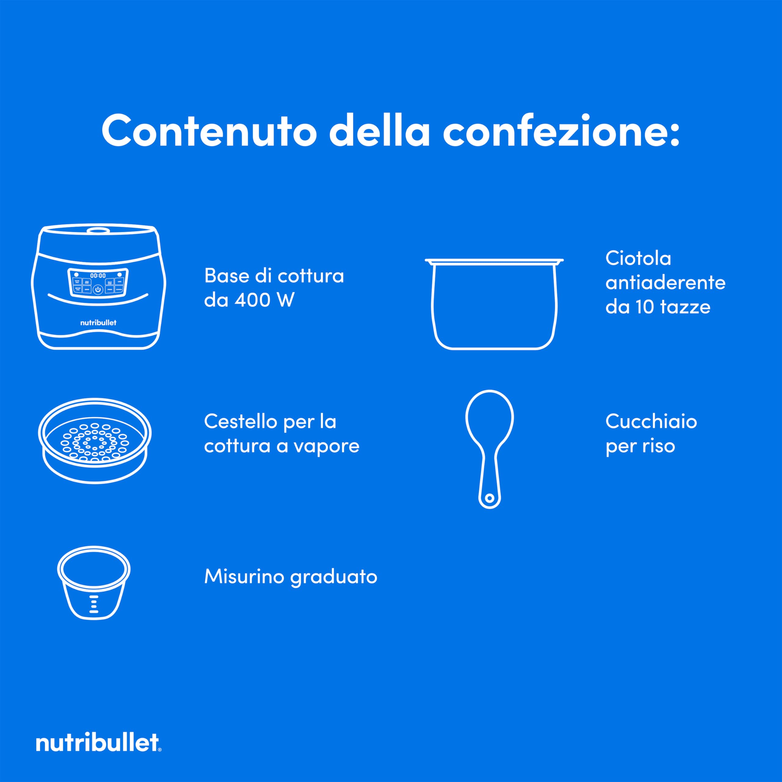 nutribullet EveryGrain Cooker - Cuociriso Multifunzione, Vaporiera Riso e Cereali, 10 Tazze, con 5 Programmi Automatici, Funzione Mantieni Caldo 12h, con Cucchiaio e Cestello, 600W, Grigio (NBRC605DG)