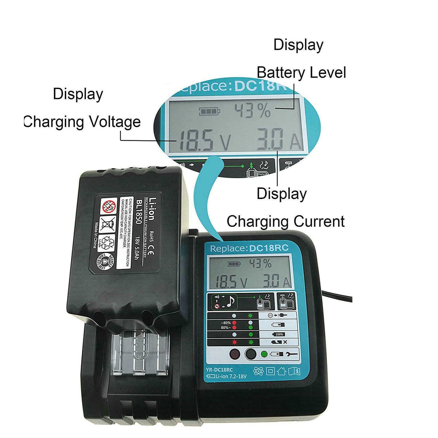 DOSCTT DC18RCT DC18RC 7A Chargeur Rapide de Remplacement pour Makita 14.4V- 18V Batterie BL1850B BL1830 BL1840 BL1850 BL1860 BL1430 BL1440 BL1450 Batteries