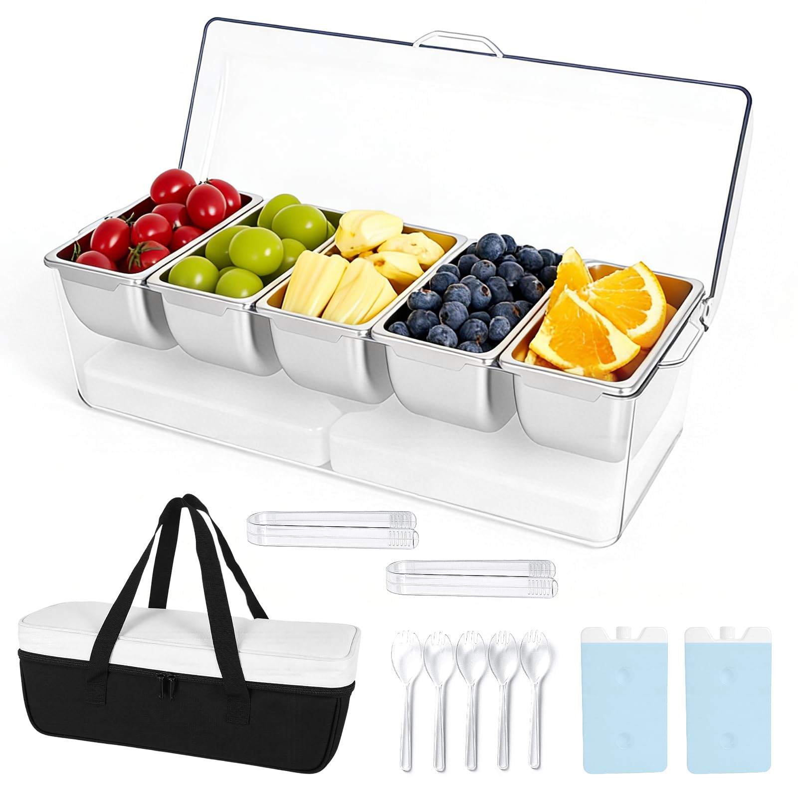 Photo 1 of Mavolico Chilled Condiment Caddy with 5 Removable Stainless Steel Compartments, Includes Portable Insulated Tote Bag and 2 Ice Packs, Serving Tray for Picnic, Outdoor, Party and Travel