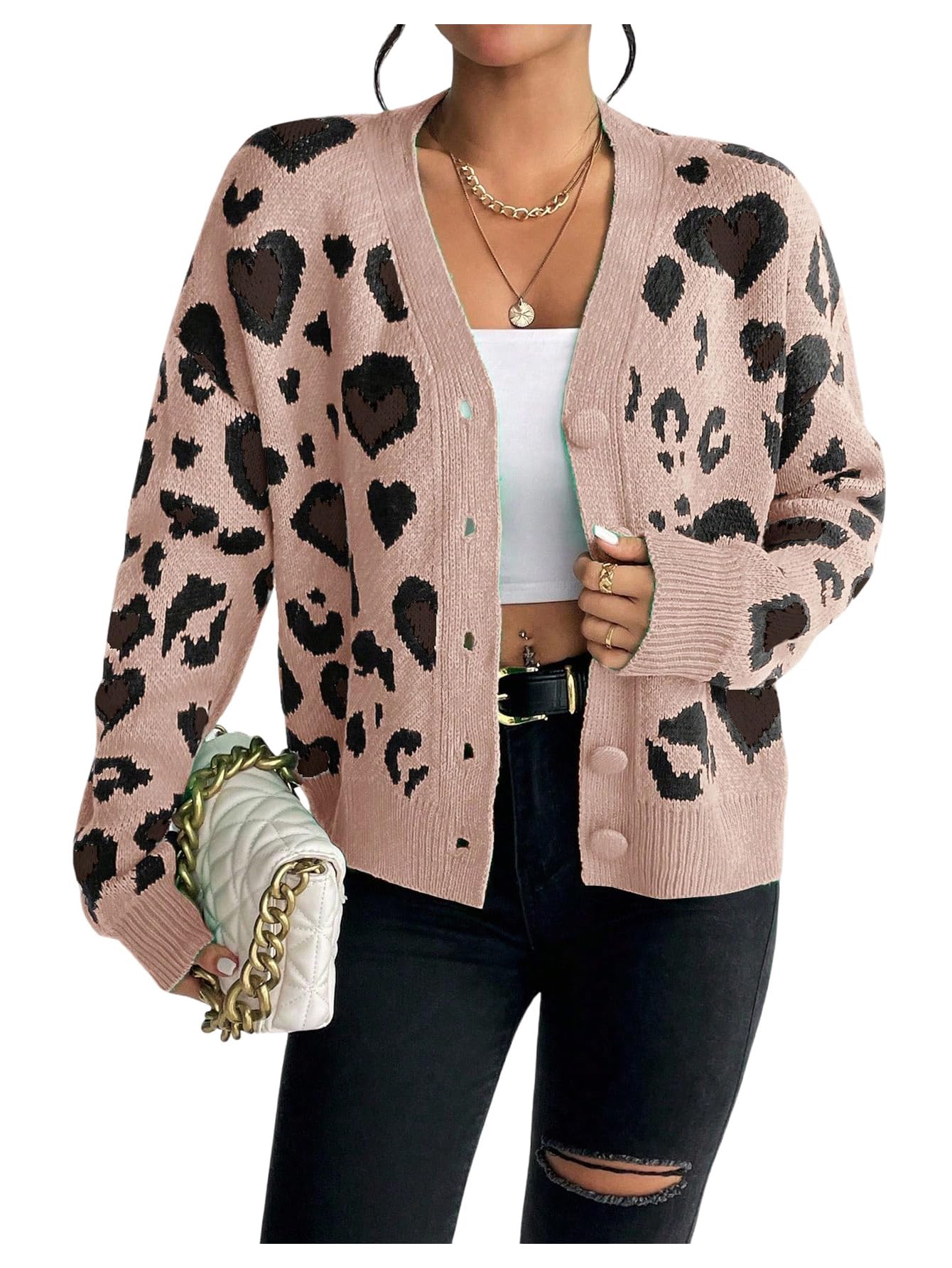 OYOANGLE Womens Heart Cheetah Print Button Up Cardigan Long Sleeve Leopard Fall Sweater Coat Outerwear