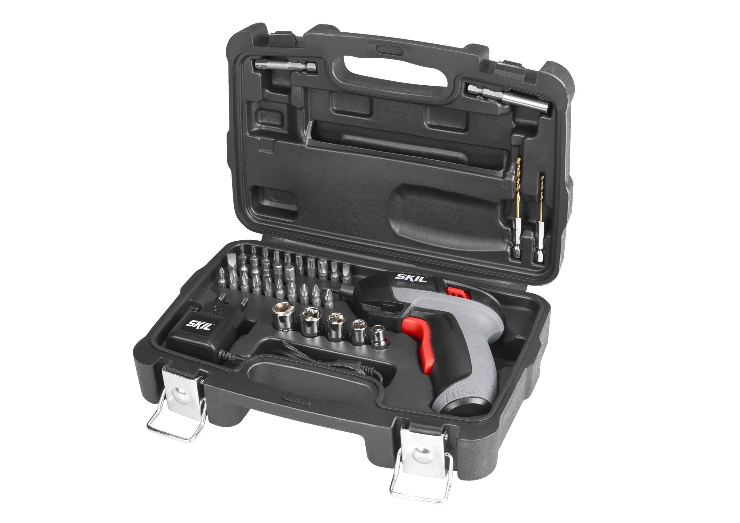 Skil 2636AD - Atornillador con cargador USB (batería 3,6 V, Li-ion, 1,5 Ah, 5 Nm, luz LED, juego de 35 accesorios, maletín)