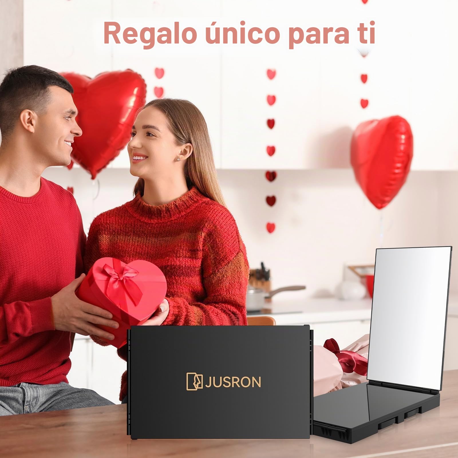 JUSRON Espejo Plegable de 360 Grados, Espejo de 3 Piezas, Corte automático, Altura Ajustable con Gancho Espejo cosmético con Efecto-Negro Mate