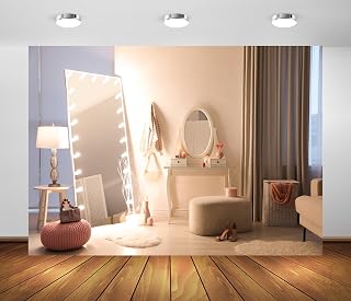 6x4ft Fabric Makeup Room Backdrop Interior Dressing Table Large Mirror with Light Bulbs Background Dressing Room Backdrop for Girls Portrait Photo Studio Props