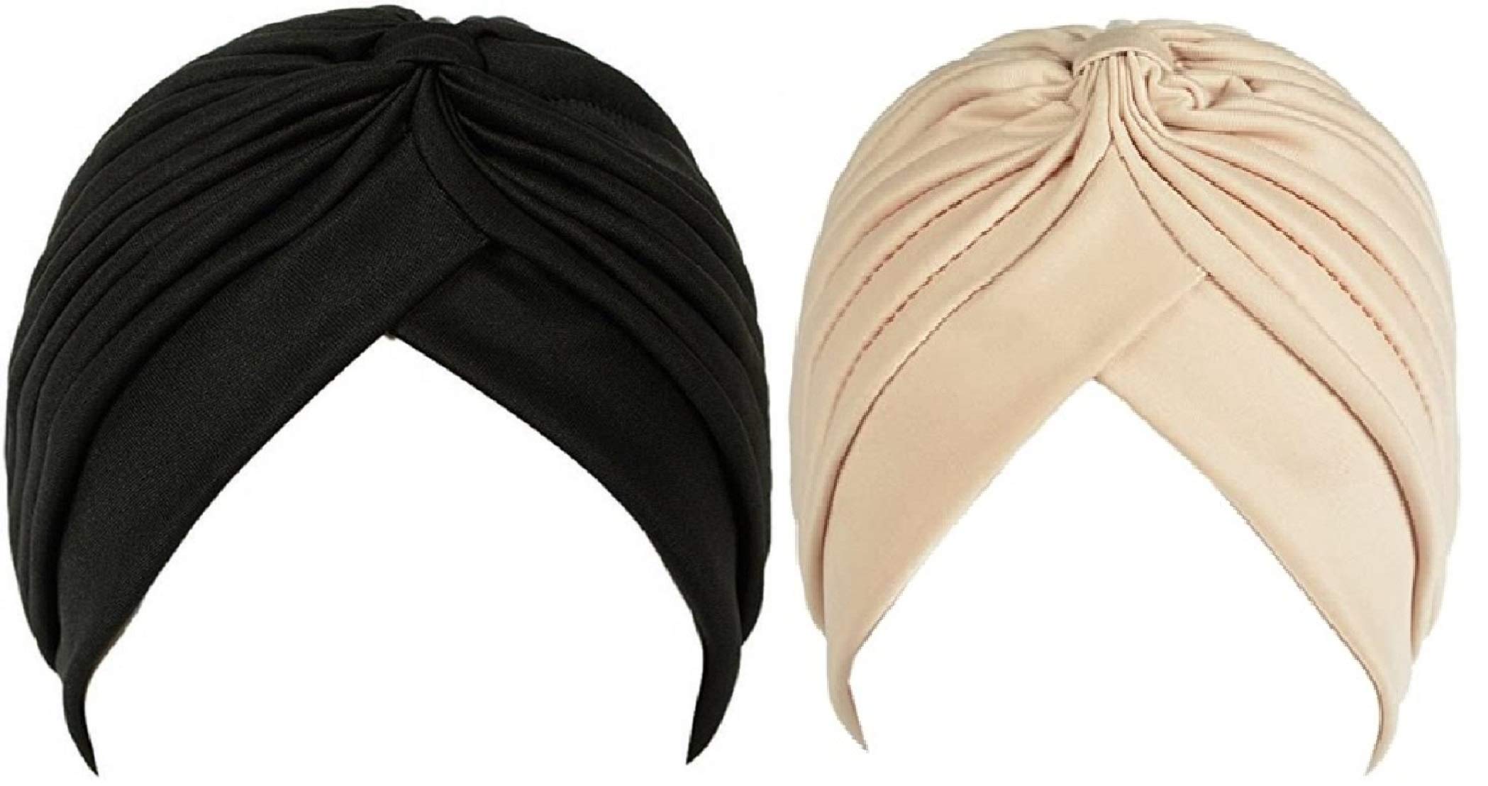 2 pcs men & women pleated head wrap knit bonnet turban/pleated stretchable polyester pagri head cover/sun cap (black & skin)