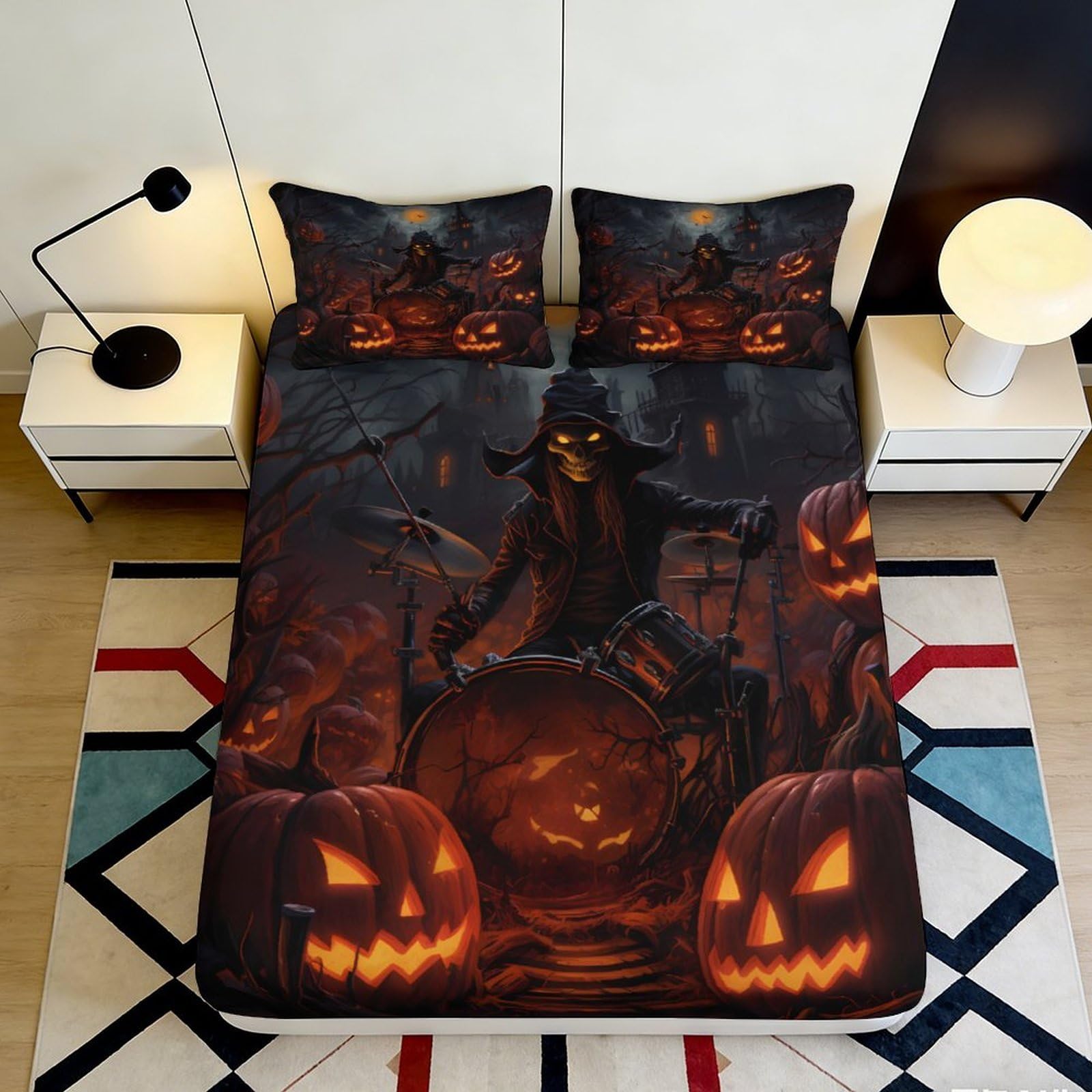 3D Printed Halloween Pumpkin Fitted Sheet Microfiber Soft Decor Witch Bed Cover for Bedroom Guest Room Teen Adults 90x200x25cm