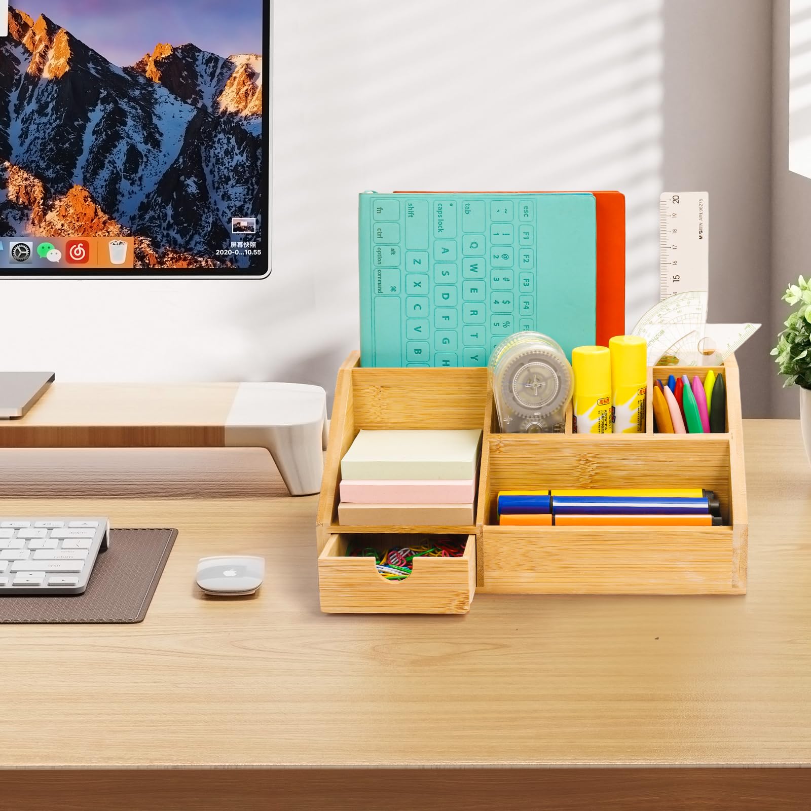 Cinnani Organizador de escritorio de bambú con cajón – Caja para bolígrafos, soporte para bolígrafos de bambú para escritorio, almacenamiento multifuncional de papelería