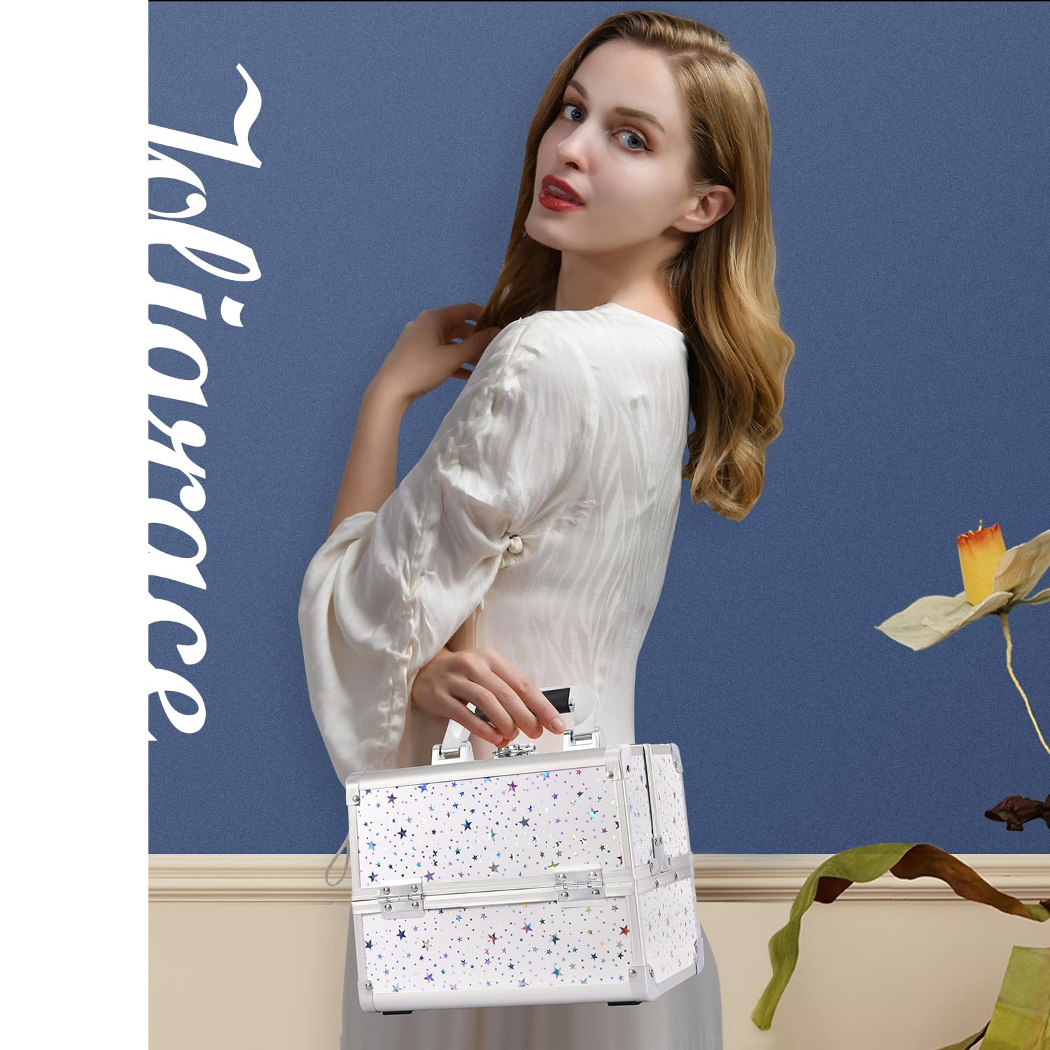Joligrace Estuche organizador de maquillaje para cosméticos, caja de almacenamiento de belleza, caja de tocador con espejo con cerradura y llaves, Estrella holográfica blanca