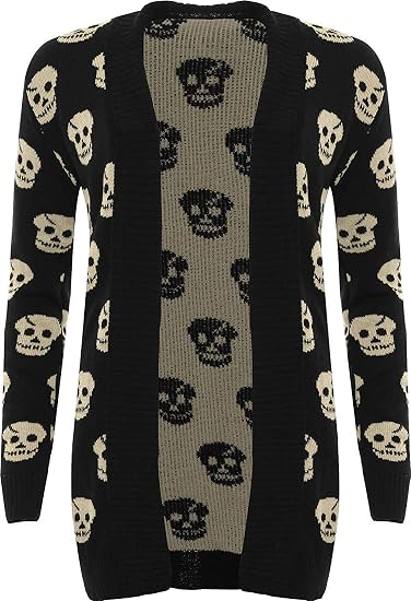 Girlzwalk Women's Ladies Knitted Skull Pattern Print Long Sleeve Open Cardigan