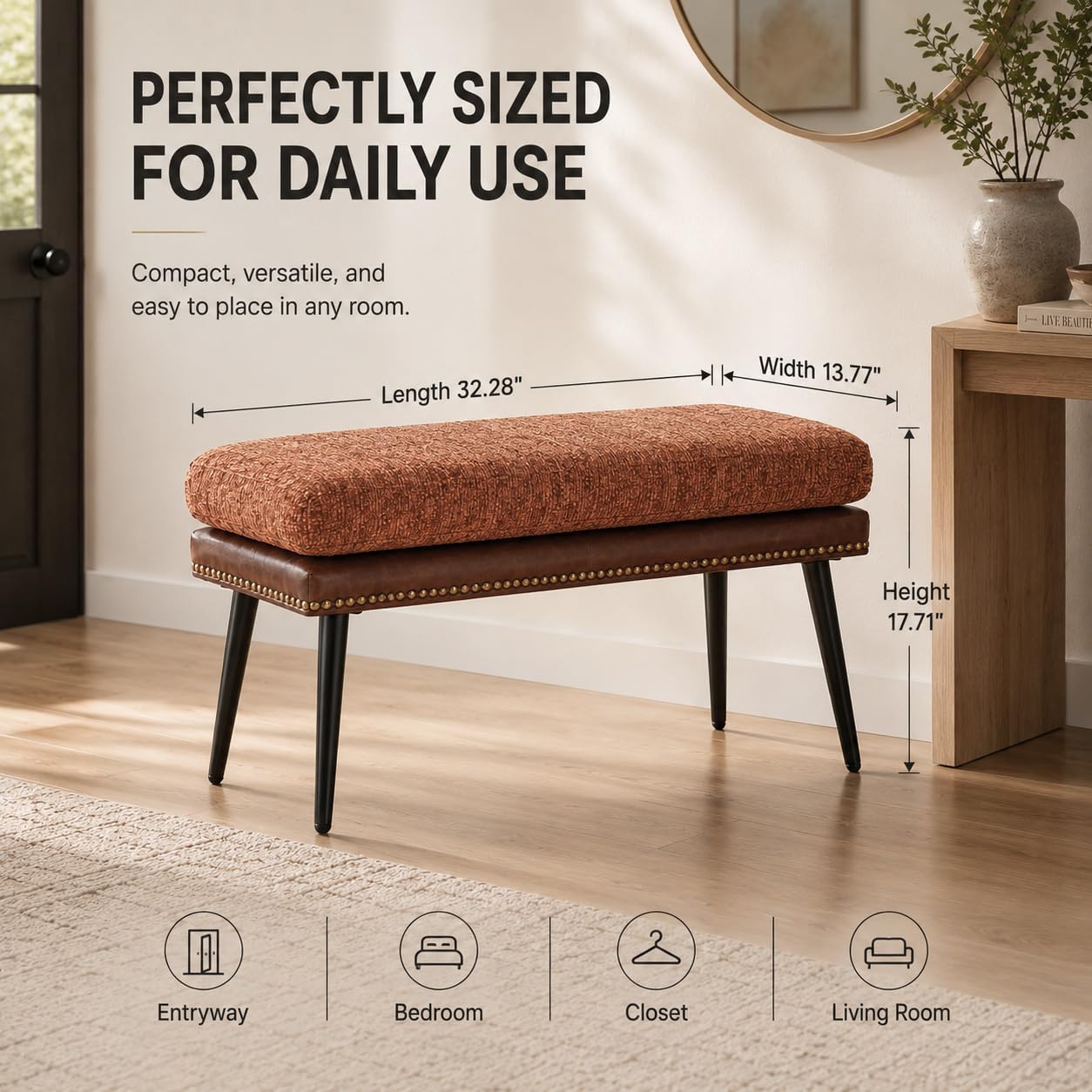 Forteek 32" Retro Upholstered Entryway Bench, Shoe Bench with Cushion