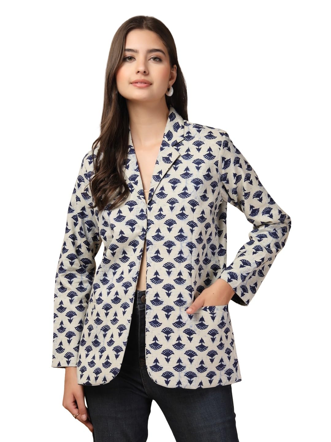 vastraa fusion Ladies Block Printed Single Breasted Blazer Pockets Regular Fit Stylish Blazer for Women-(Indigo Blue PRINT-44)-picture-15