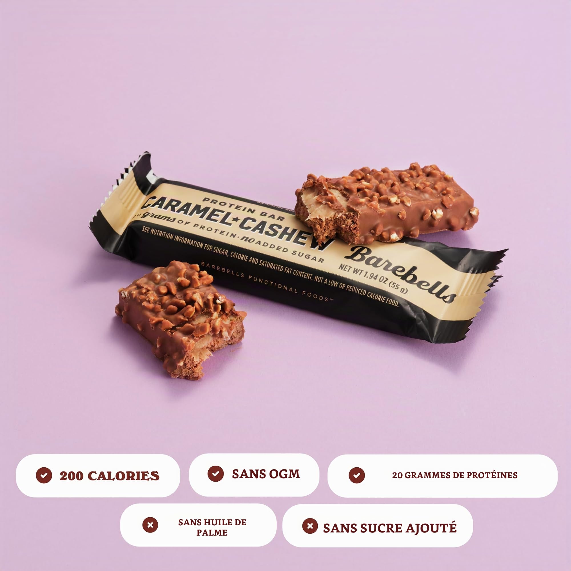 Barebells Barres protéinées au caramel et noix de cajou – 12 barres de 53,9 g avec 20 g de protéines riches en protéines – Barre protéinée au chocolat avec 1 g de sucres totaux – Barre protéinée